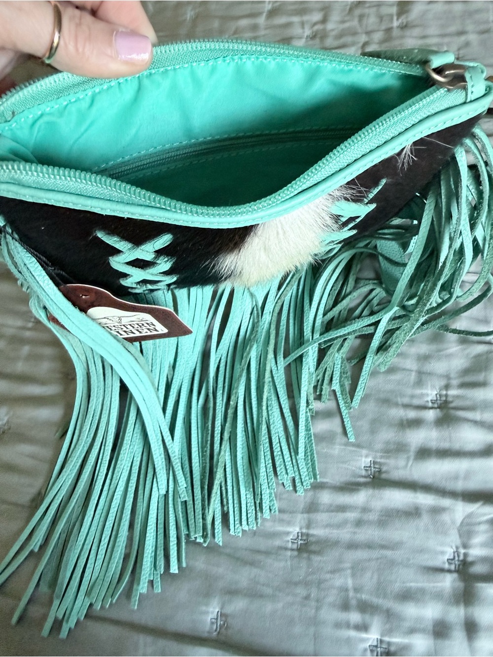 Turquoise Fringe Crossbody Haircalf Leather Festival Cowgirl Crossbody Bag - Picture 8 of 8